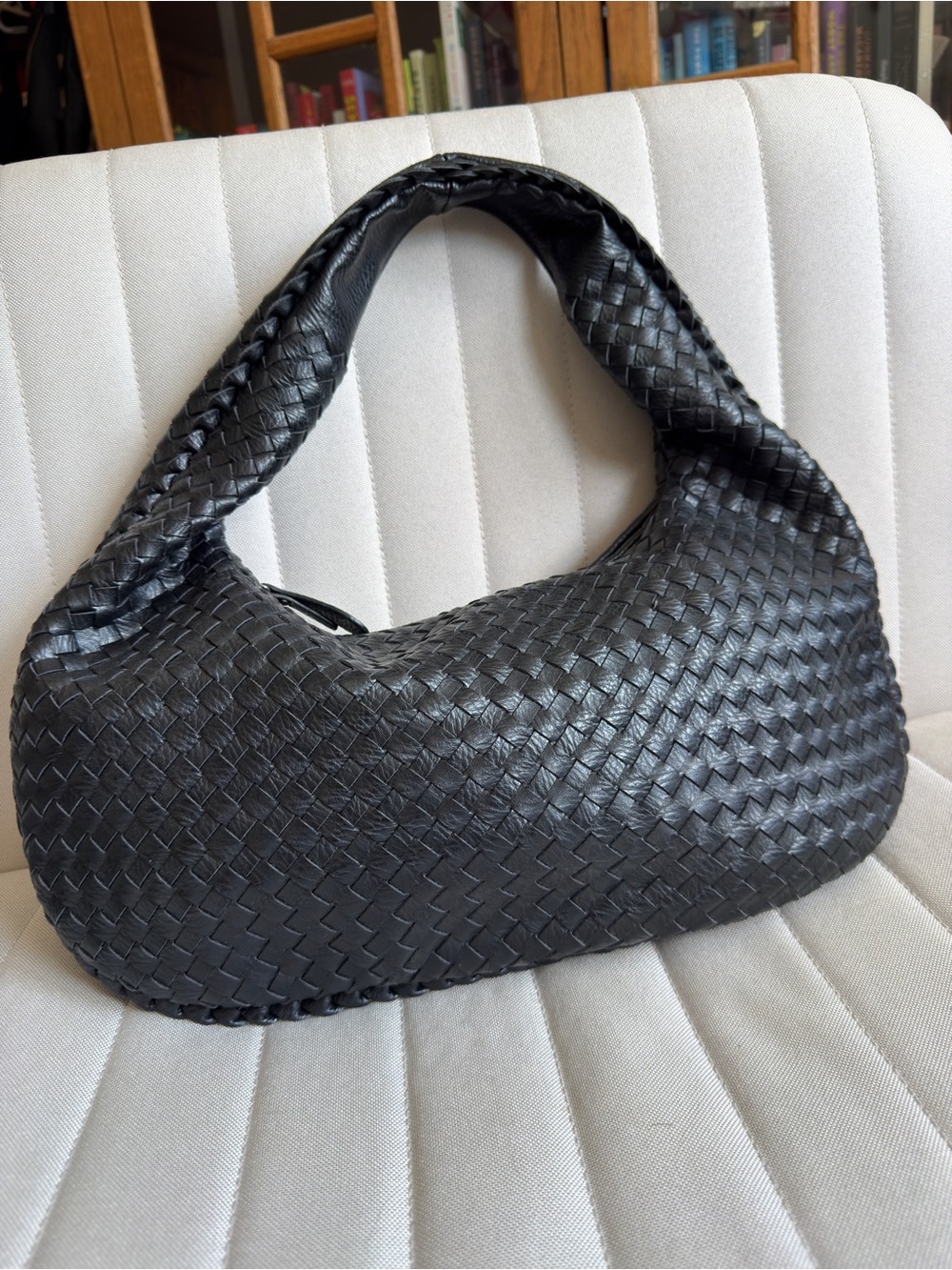 Oversized Black Woven Hobo Shoulder Bag
